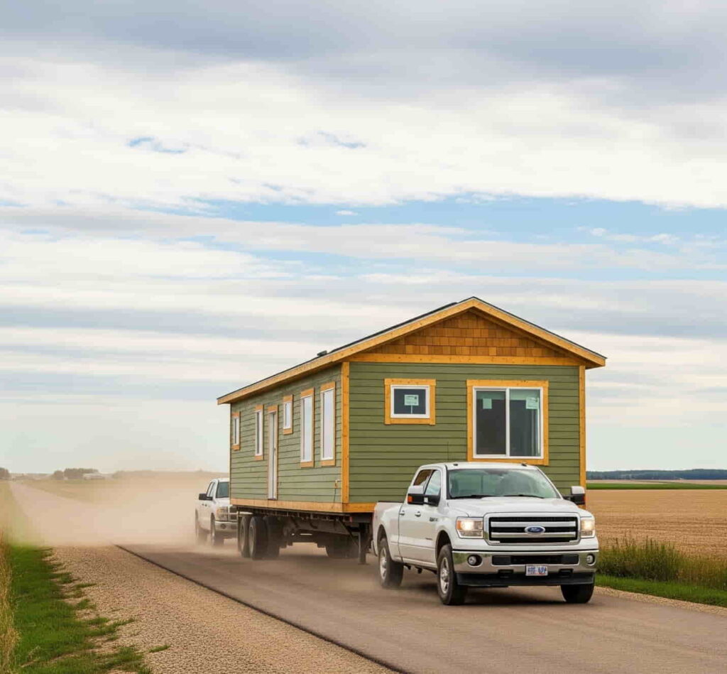 A ready-to-move home is transported on a flatbed truck through rural Saskatchewan, fully built and ready for installation.