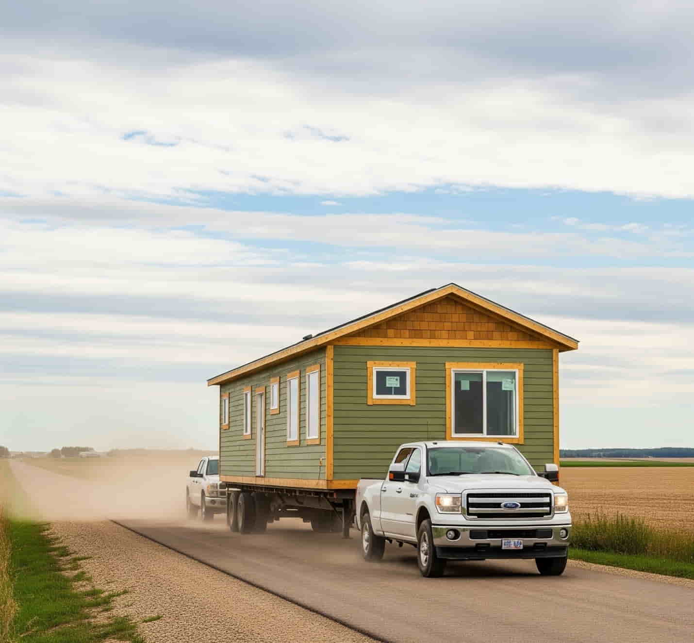 A ready-to-move home is transported on a flatbed truck through rural Saskatchewan, fully built and ready for installation.